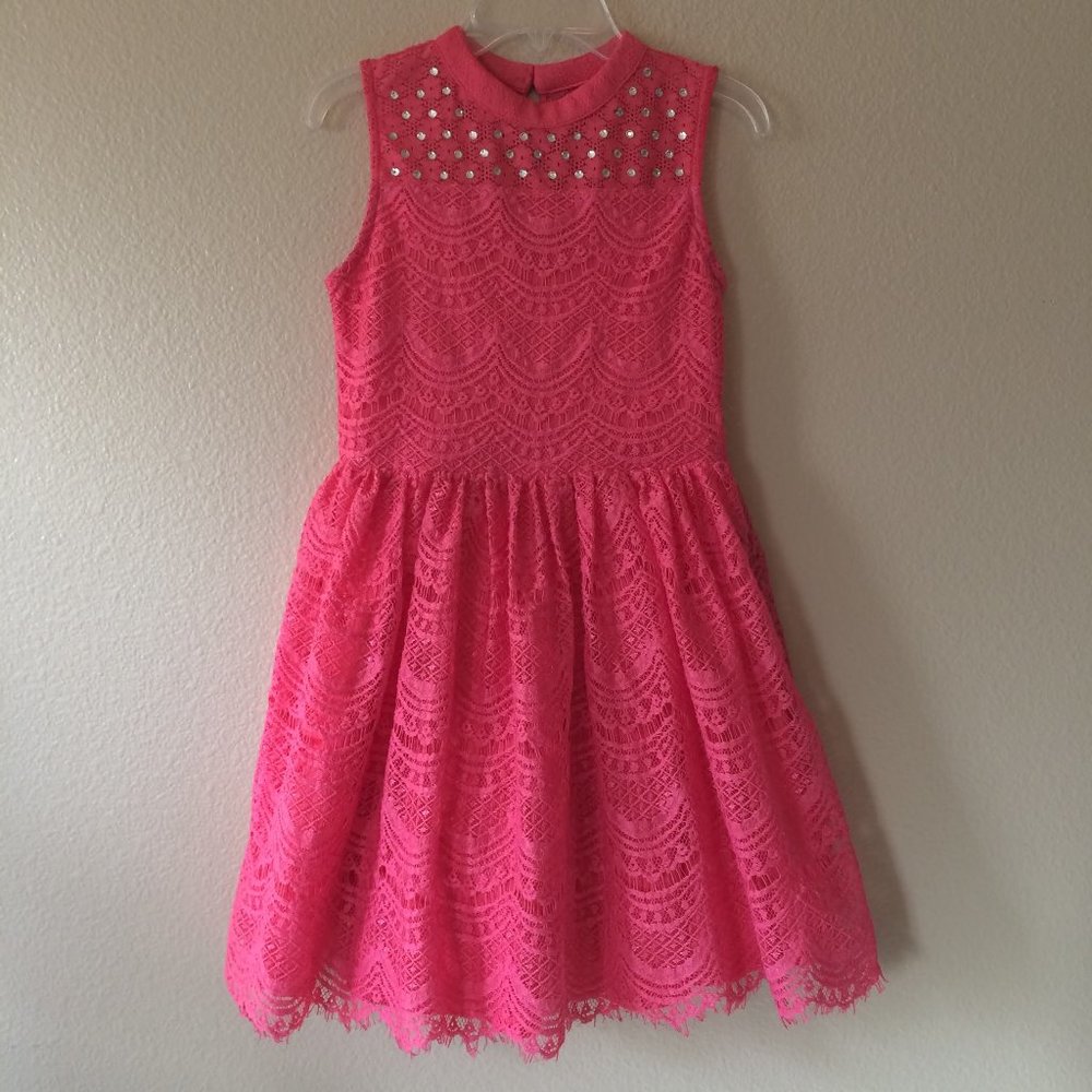 Pink Coral Dress Girls 14 Lace Bling Rhinestone Easter Spring